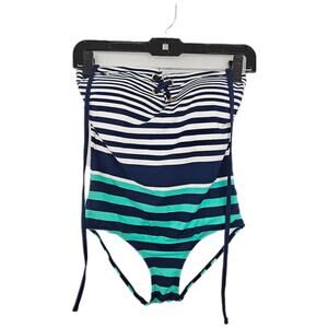 🆓 FREE Liz Claiborne blue green white striped halter one piece swim suit sz 6